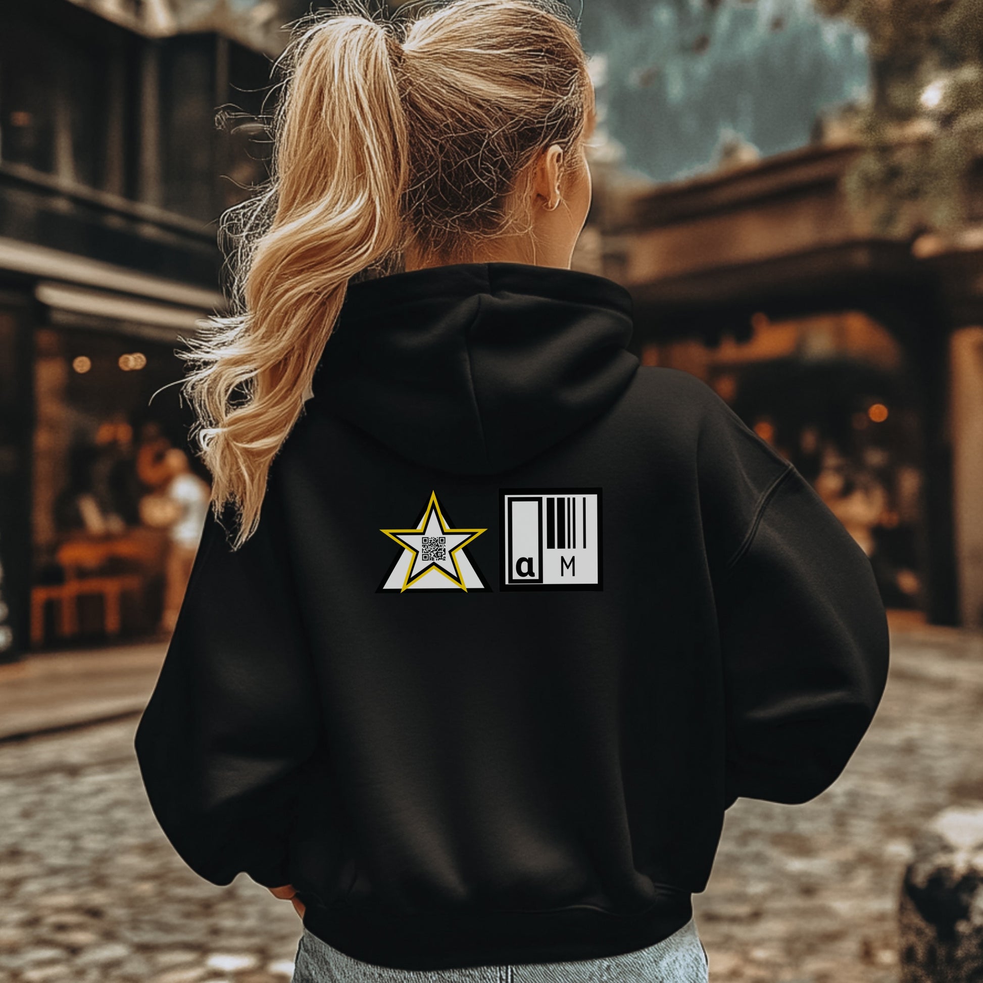 Star Barcode Design Hoodie with Bangs Ponytail Style