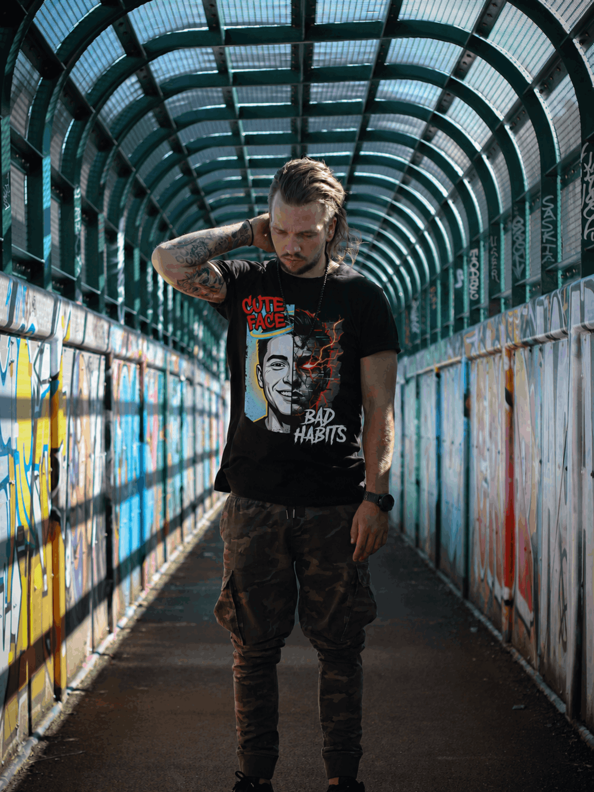 CUTE FACE BAD HABITS Graphic T-Shirt | Split Face Streetwear Tee | Edgy Unisex Graphic Shirt | Alternative Streetwear