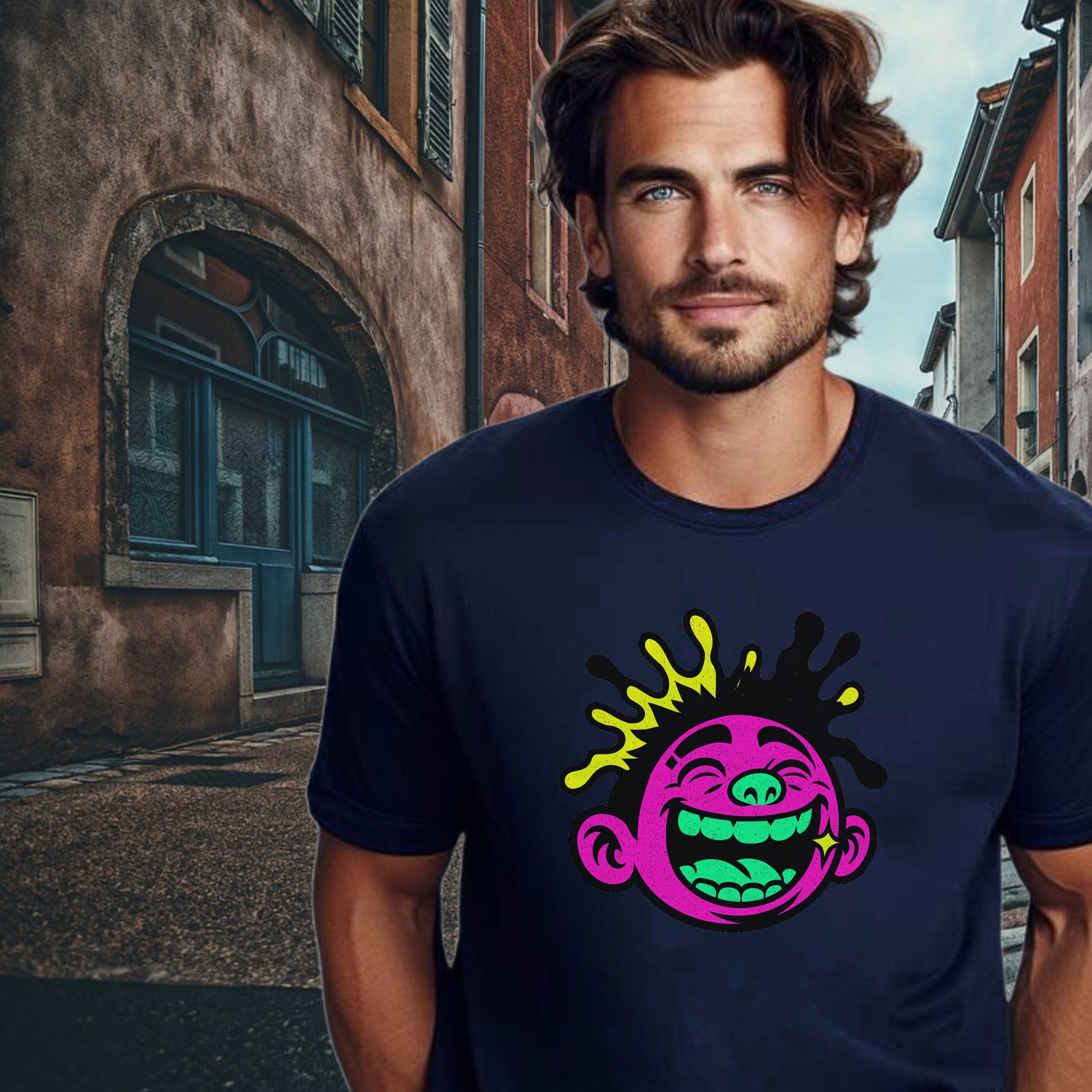 Colorful Neon Smiling Face Graphic T-shirt