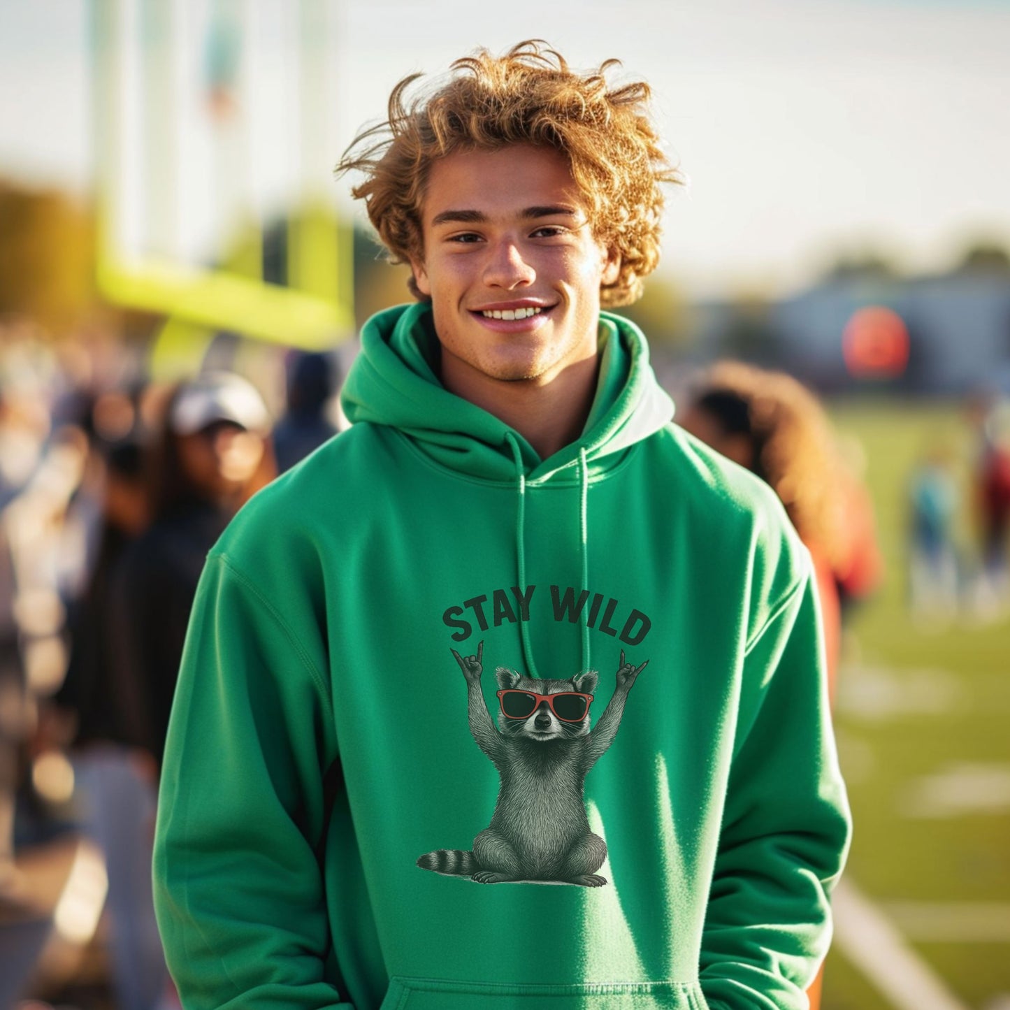 Stay Wild Raccoon Hoodie Drawing Peace Sign Fun