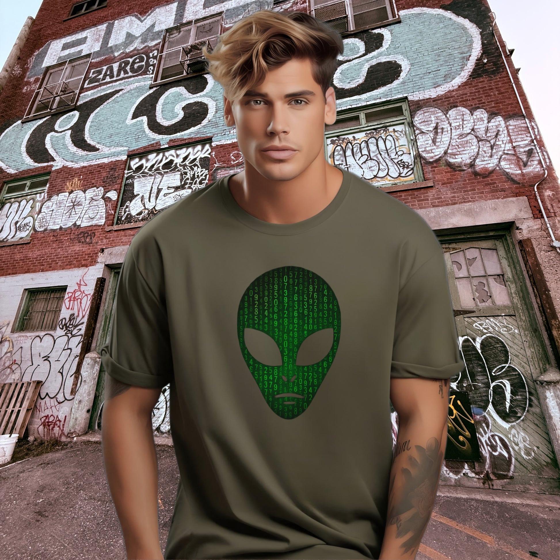 Alien Head Green Matrix Code Art Graphic T-shirt
