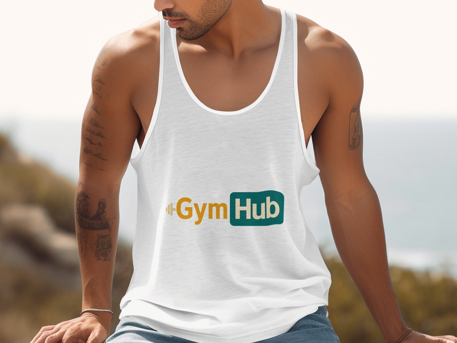 Gym Hub Logo Design White Tank Top product type