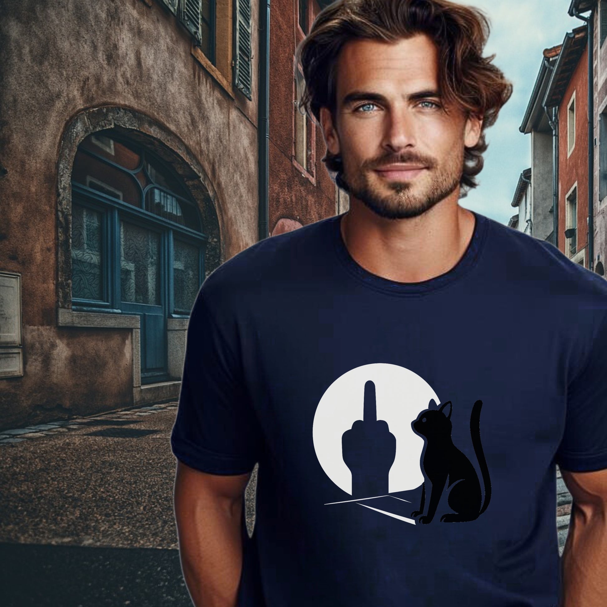 Stylish T-shirt with Funny Cat and Gesture Design