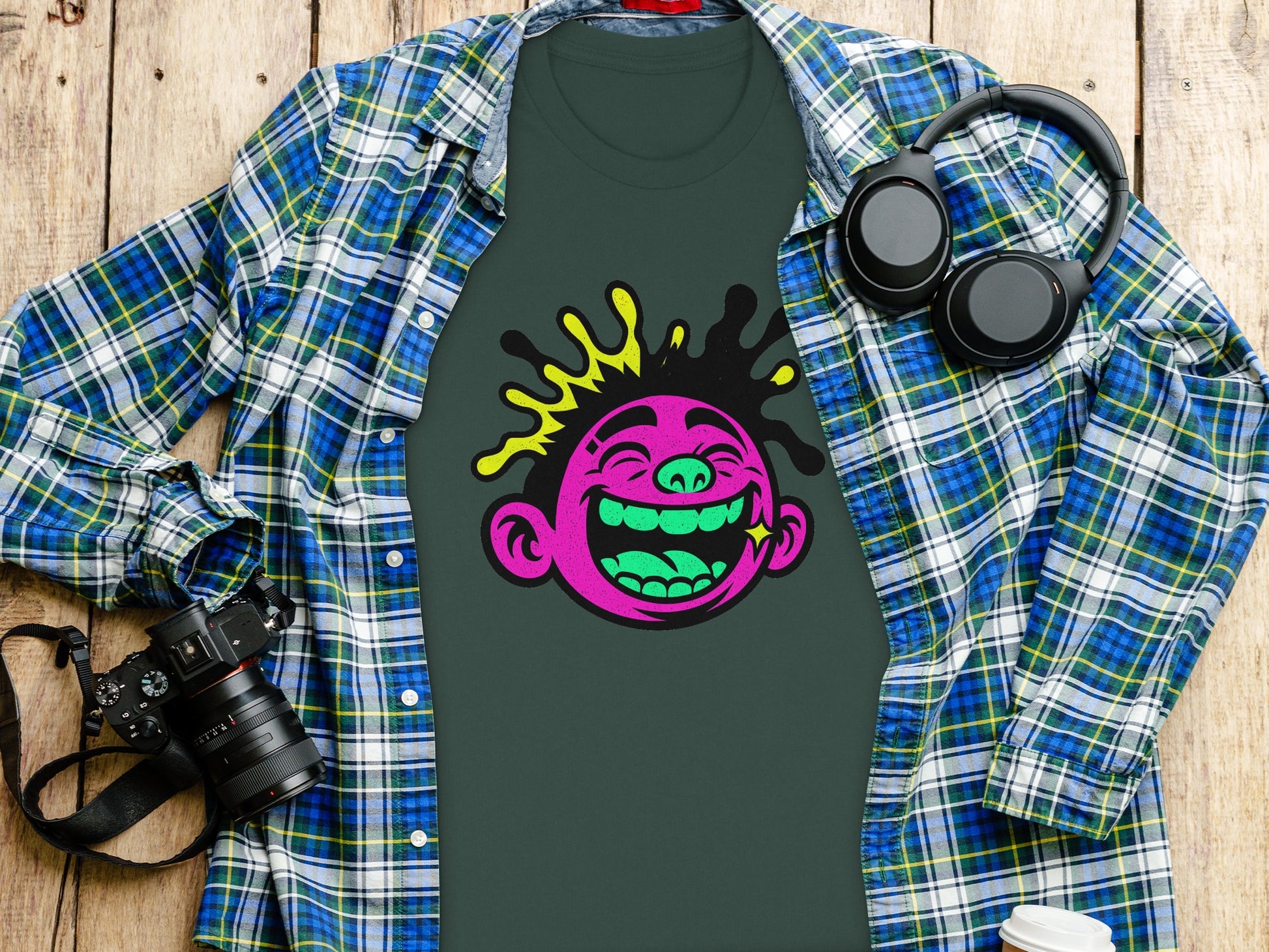 Vibrant Smiling Face Graphic Tee with Plaid Shirt
