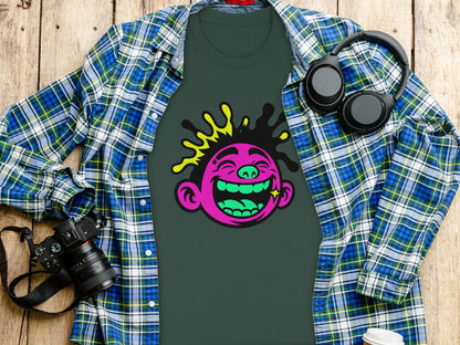 Vibrant Smiling Face Graphic Tee with Plaid Shirt