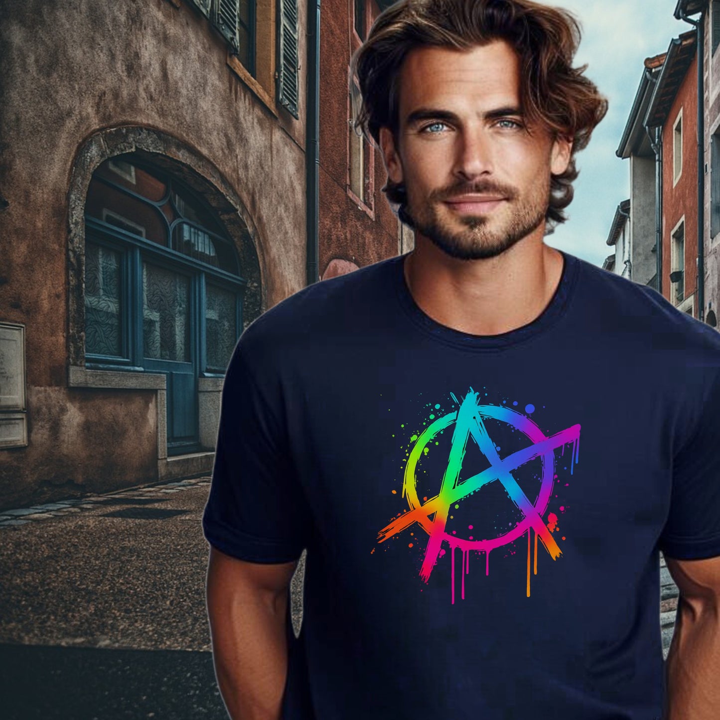 Vibrant Dripping Rainbow Anarchy Symbol Tee shirt