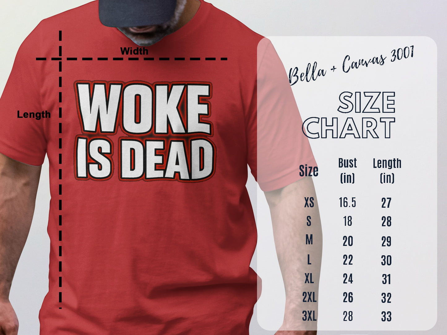 Woke is Dead Statement Tee Size Chart Display