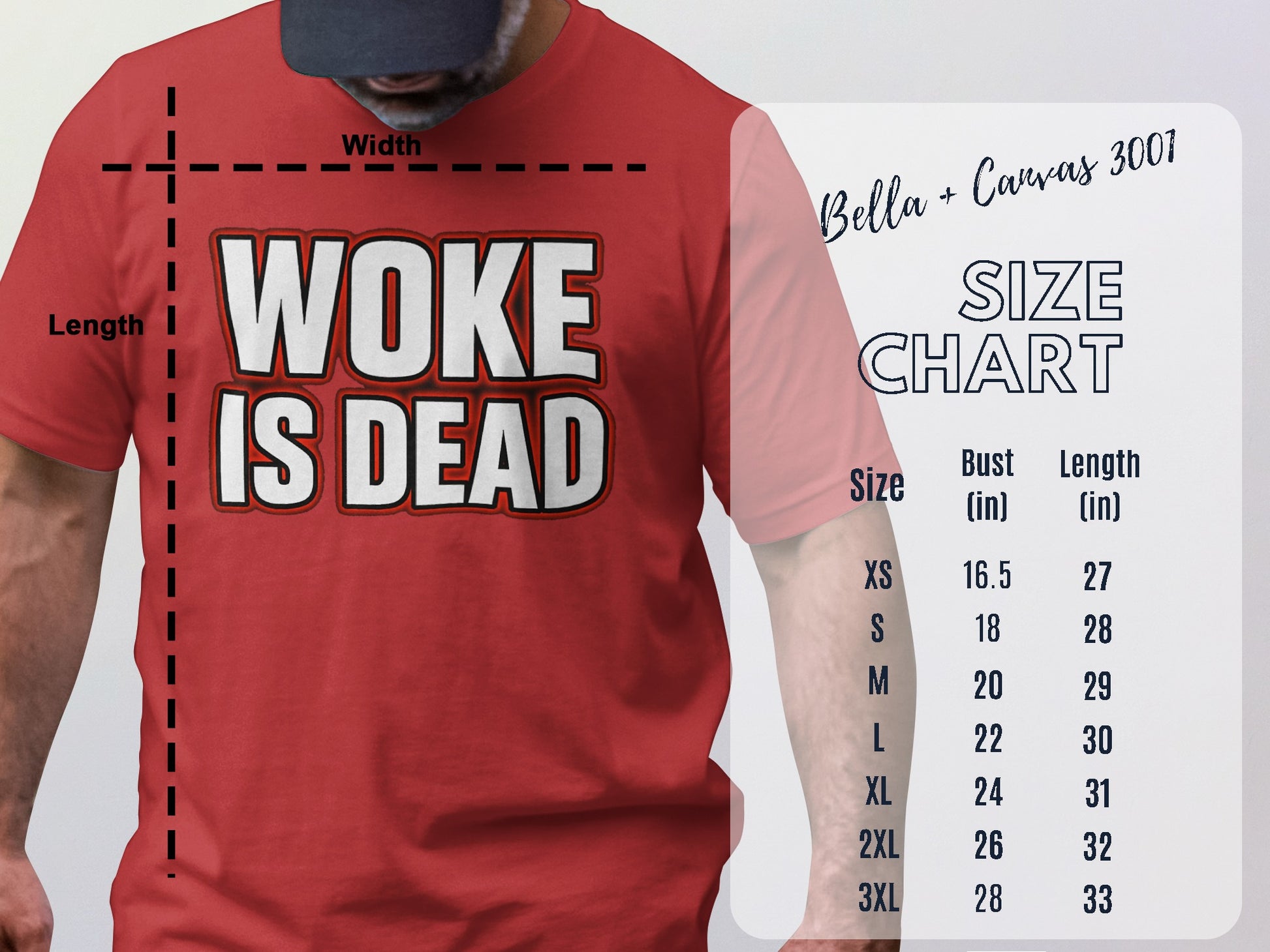 Woke is Dead Statement Tee Size Chart Display