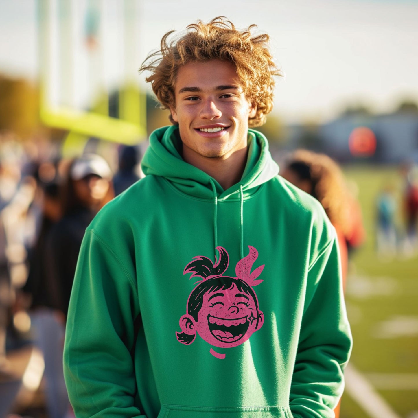 Vibrant Graphic Hoodie with Smiling Character Design