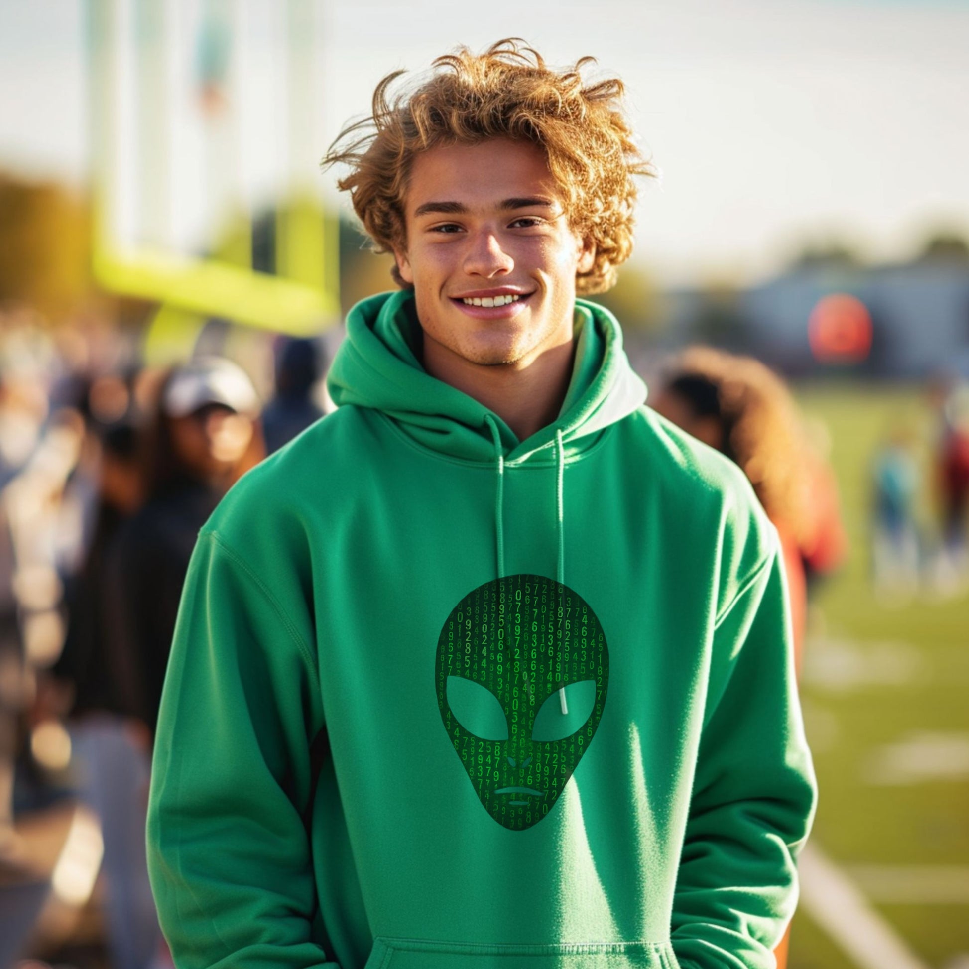 Green Hoodie with Alien Graphic Design Apparel