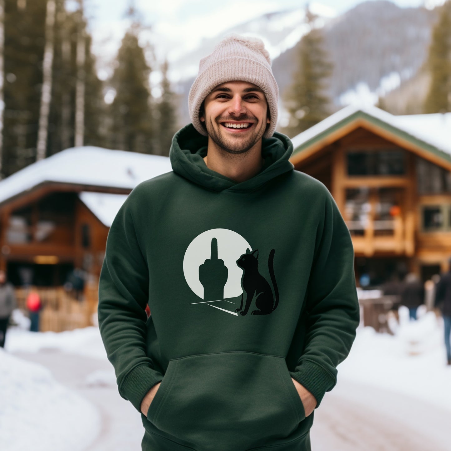 Happy Young Man in Cozy Green Hoodie in Winter Snow Scene