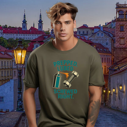 Prepped Lubed Screwed Right Humorous Graphic Shirt product