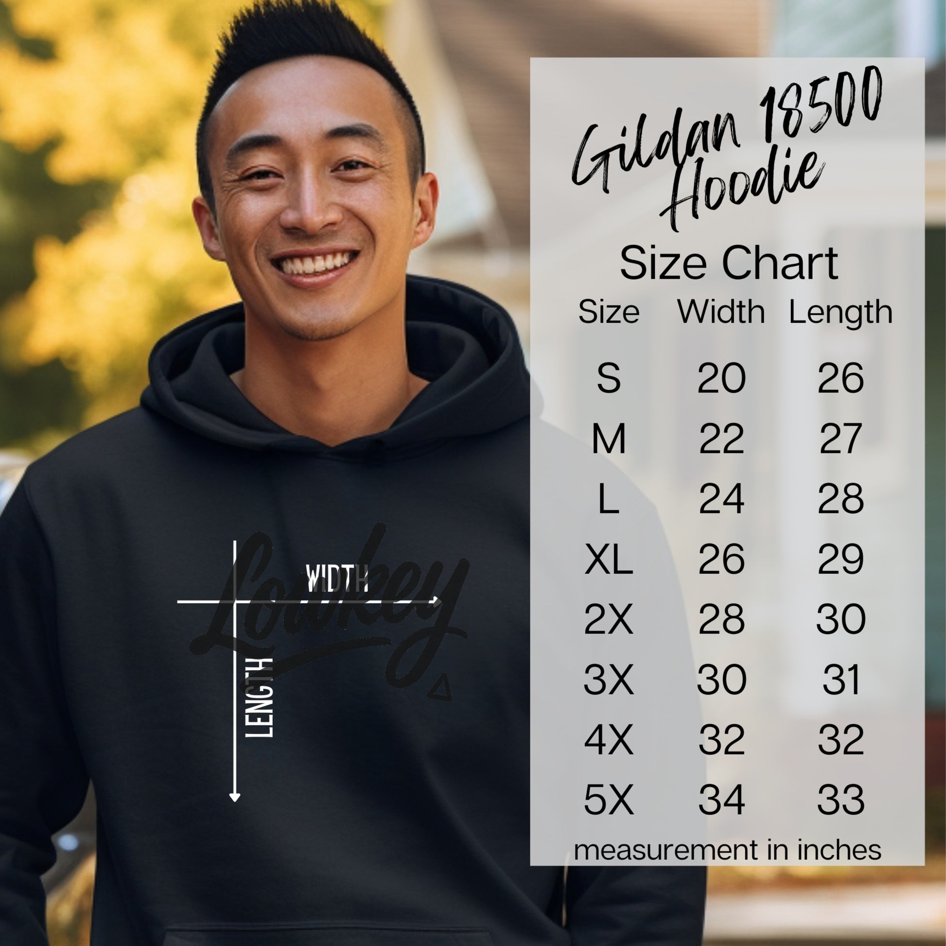 Comfortable Classic Black Hoodie with Size Chart