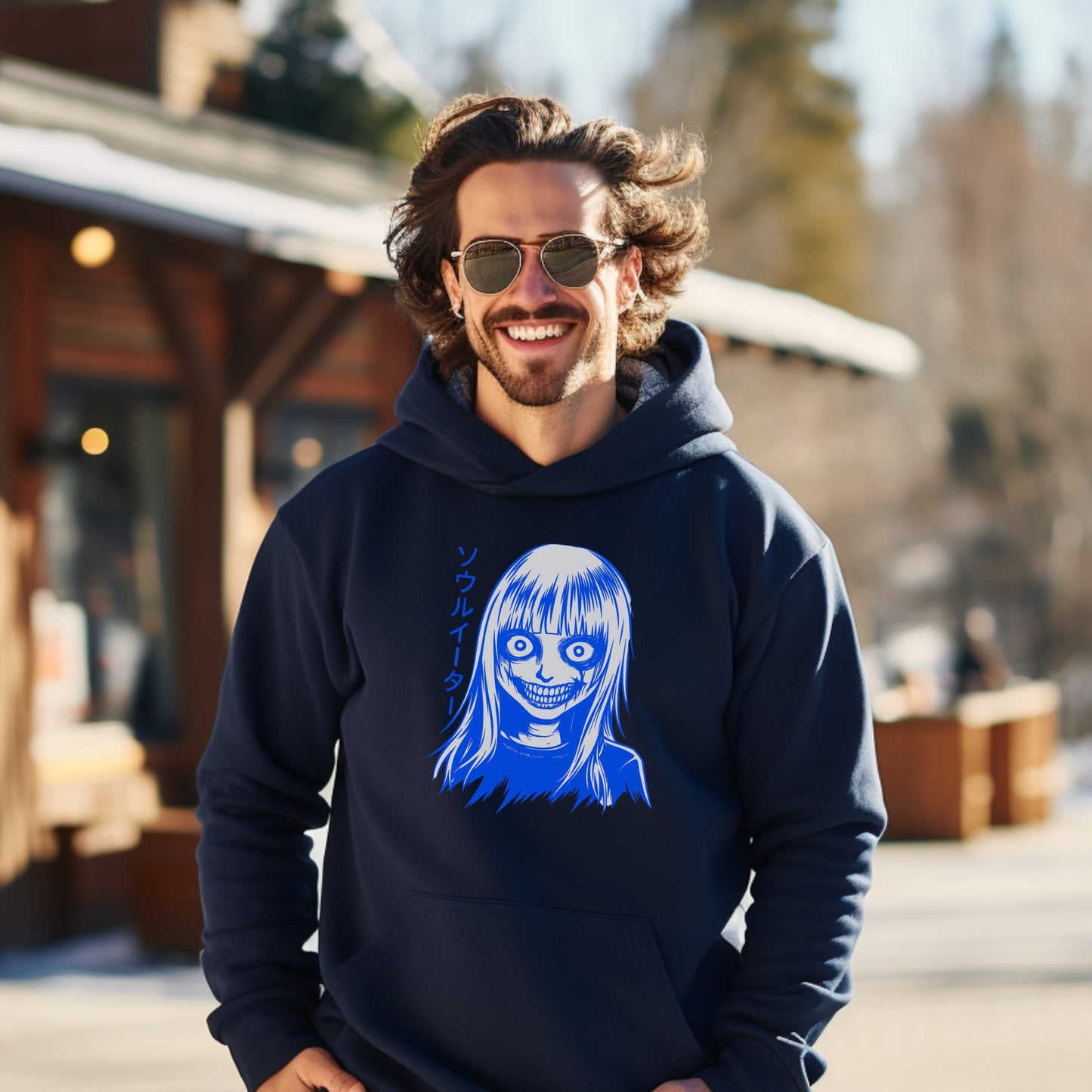 Horror Themed Blue Hoodie With Creepy Character Design
