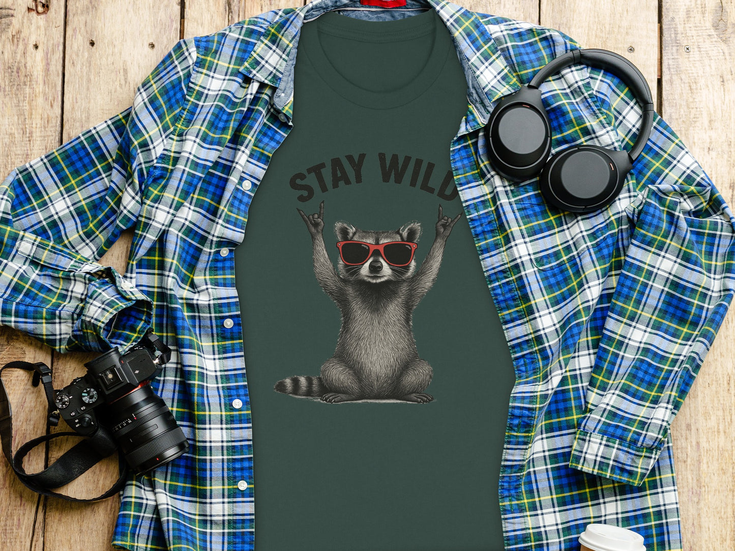 Stay Wild Raccoon Shirt with Cool Sunglasses Design