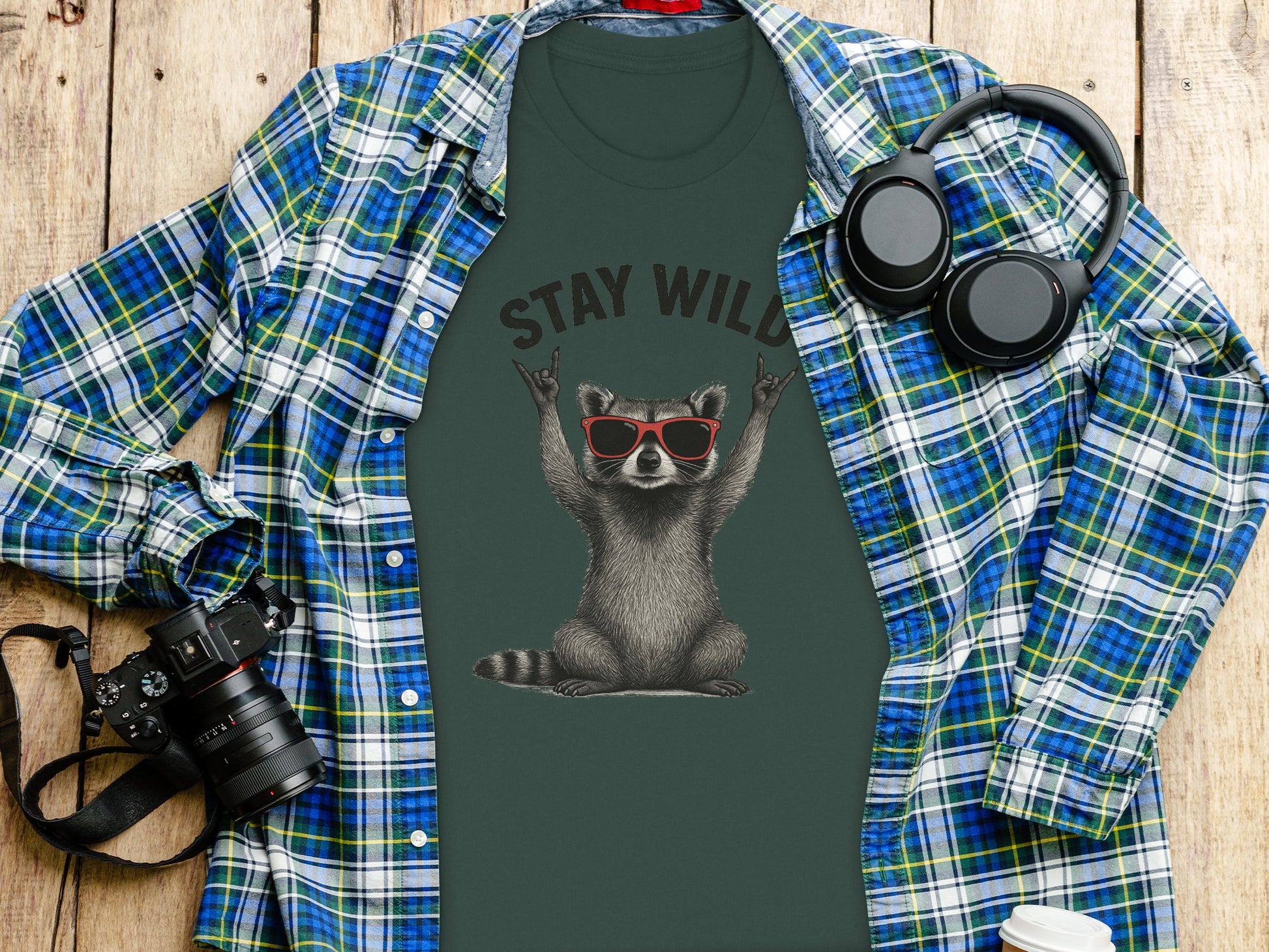 Stay Wild Raccoon Shirt with Cool Sunglasses Design