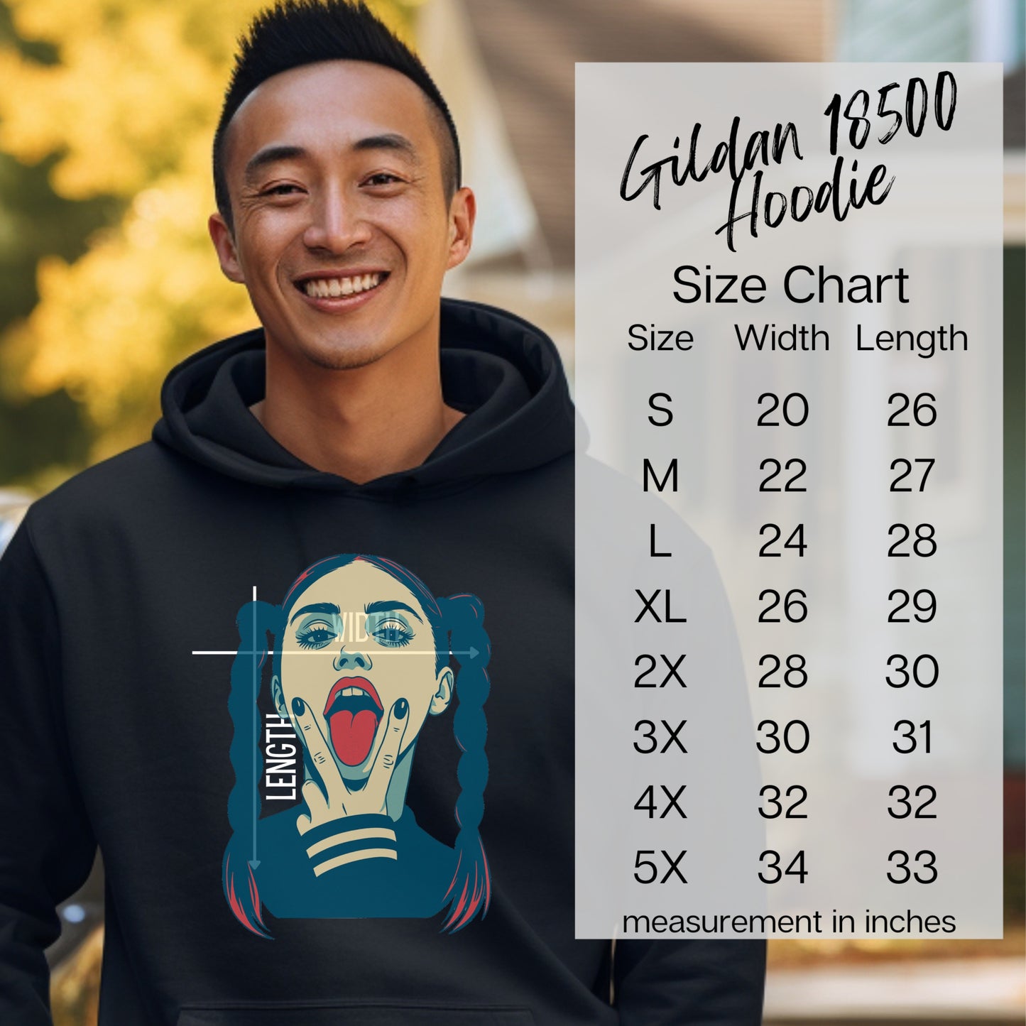 Trendy Graphic Hoodie with Size Chart for Comfort