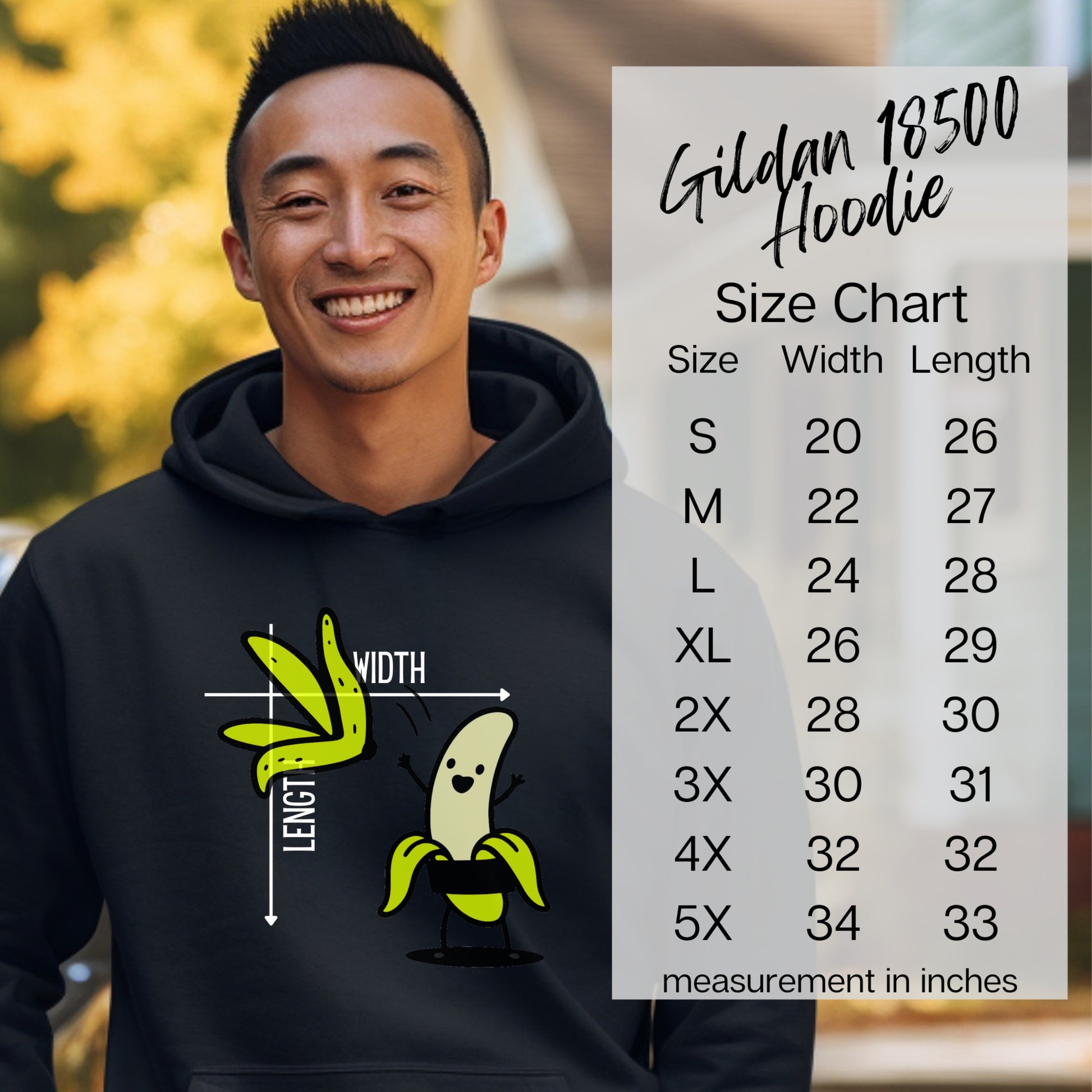 Funny Bananas Design Hoodie Gildan 18500 Size Chart