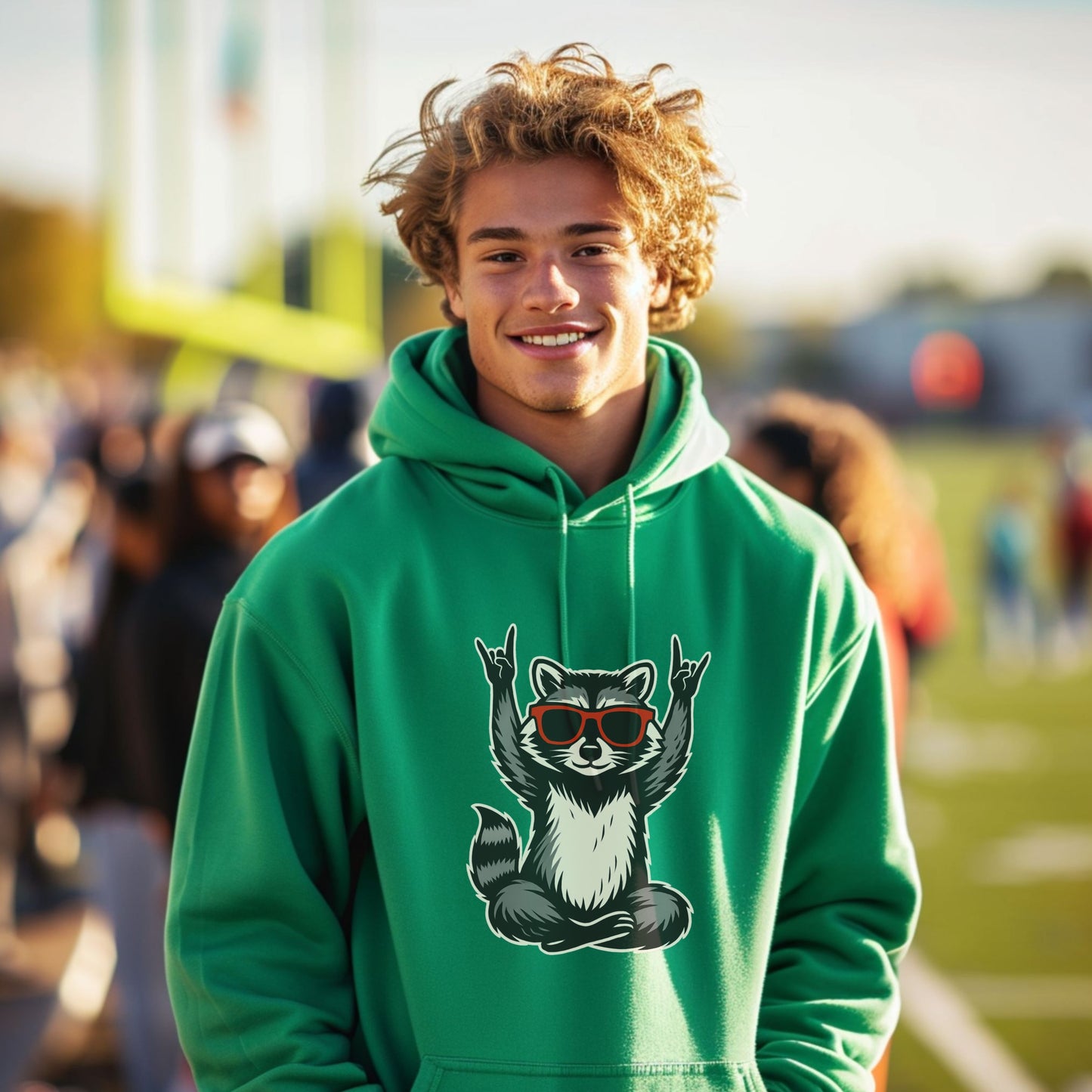 Cool Raccoon Design Green Hoodie for Casual Wear
