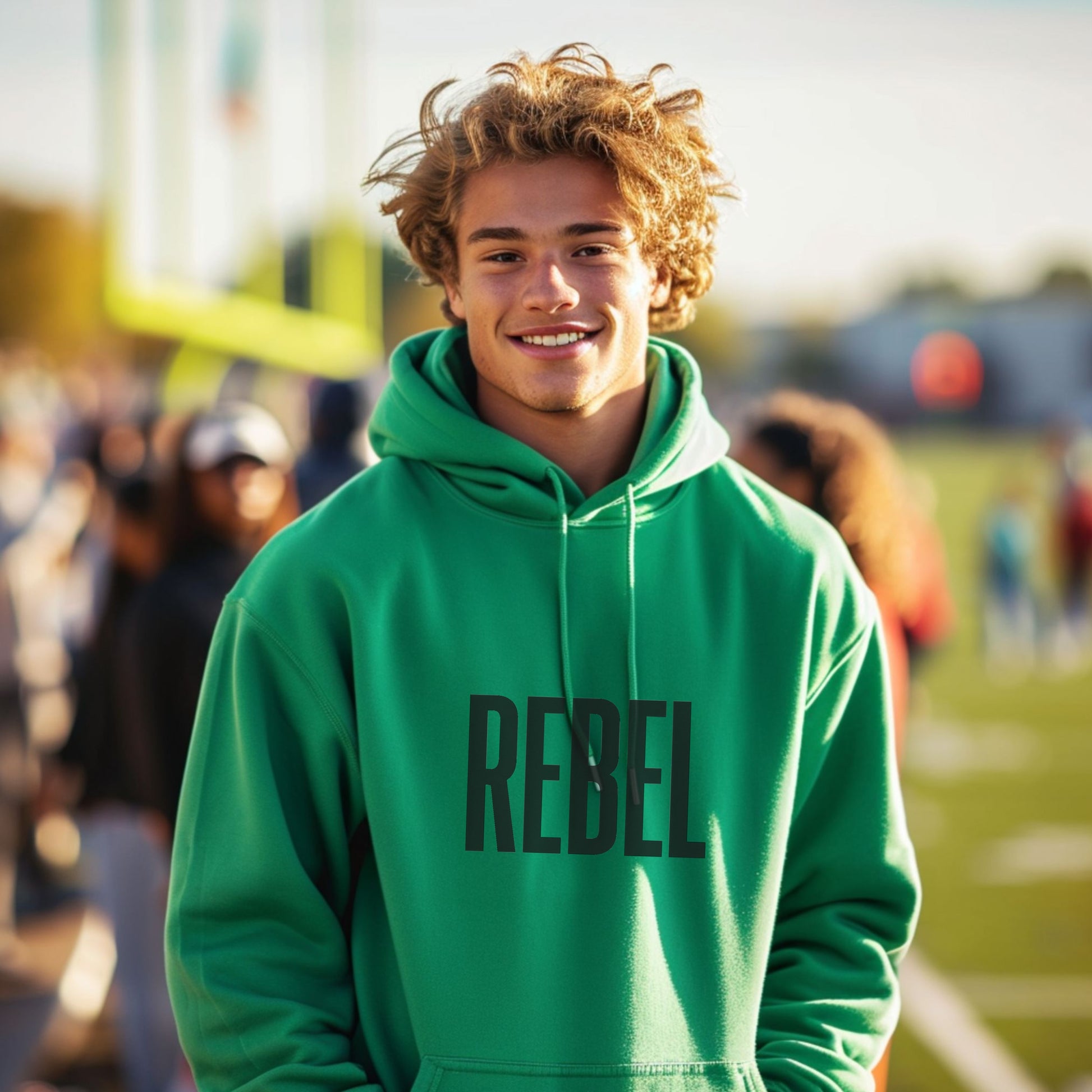 Vibrant green hoodie with bold REBEL text design