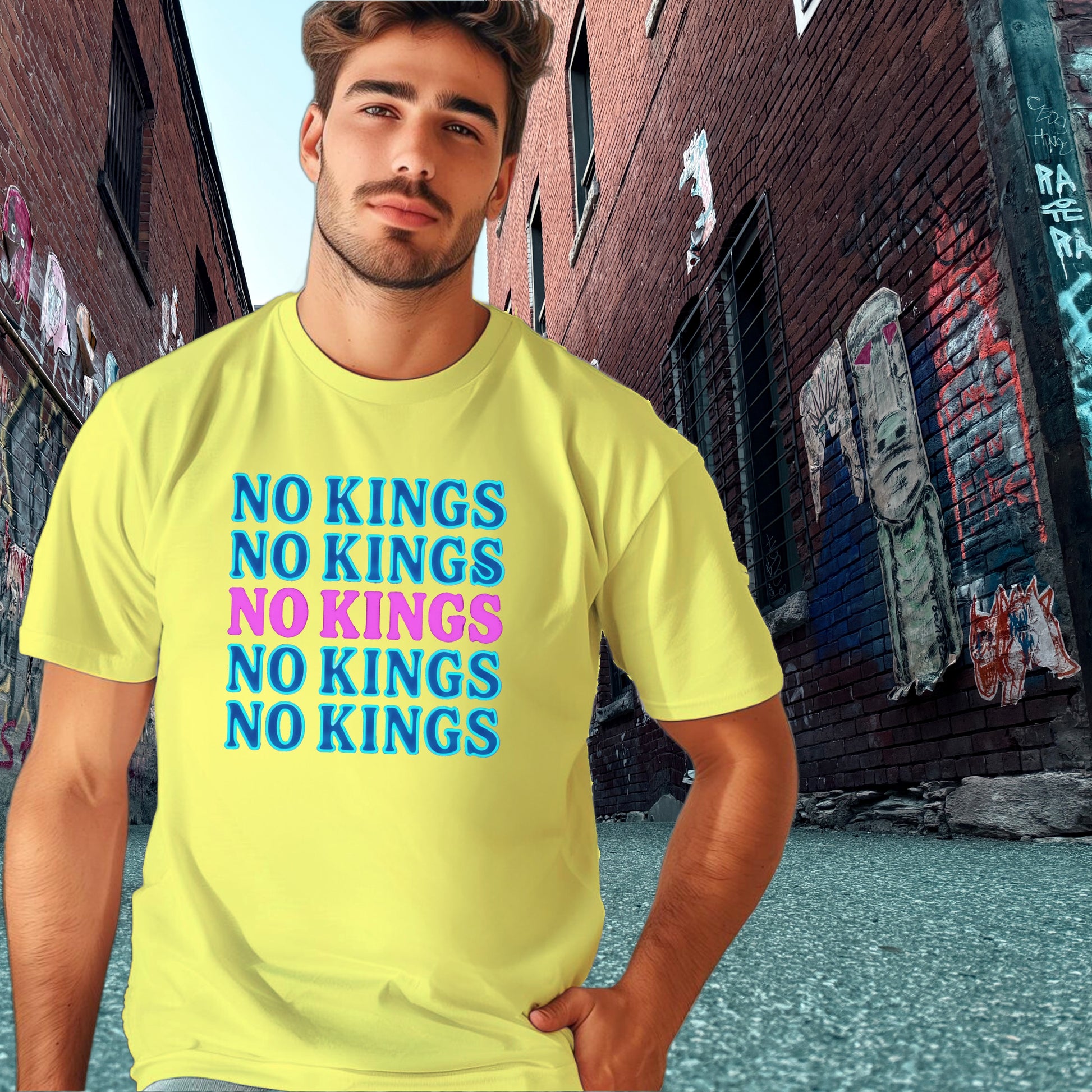 No Kings Graphic T-Shirt with Vibrant Blue and Pink Text