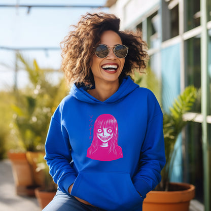 Bright Blue Hoodie with Unique Smiling Character Design