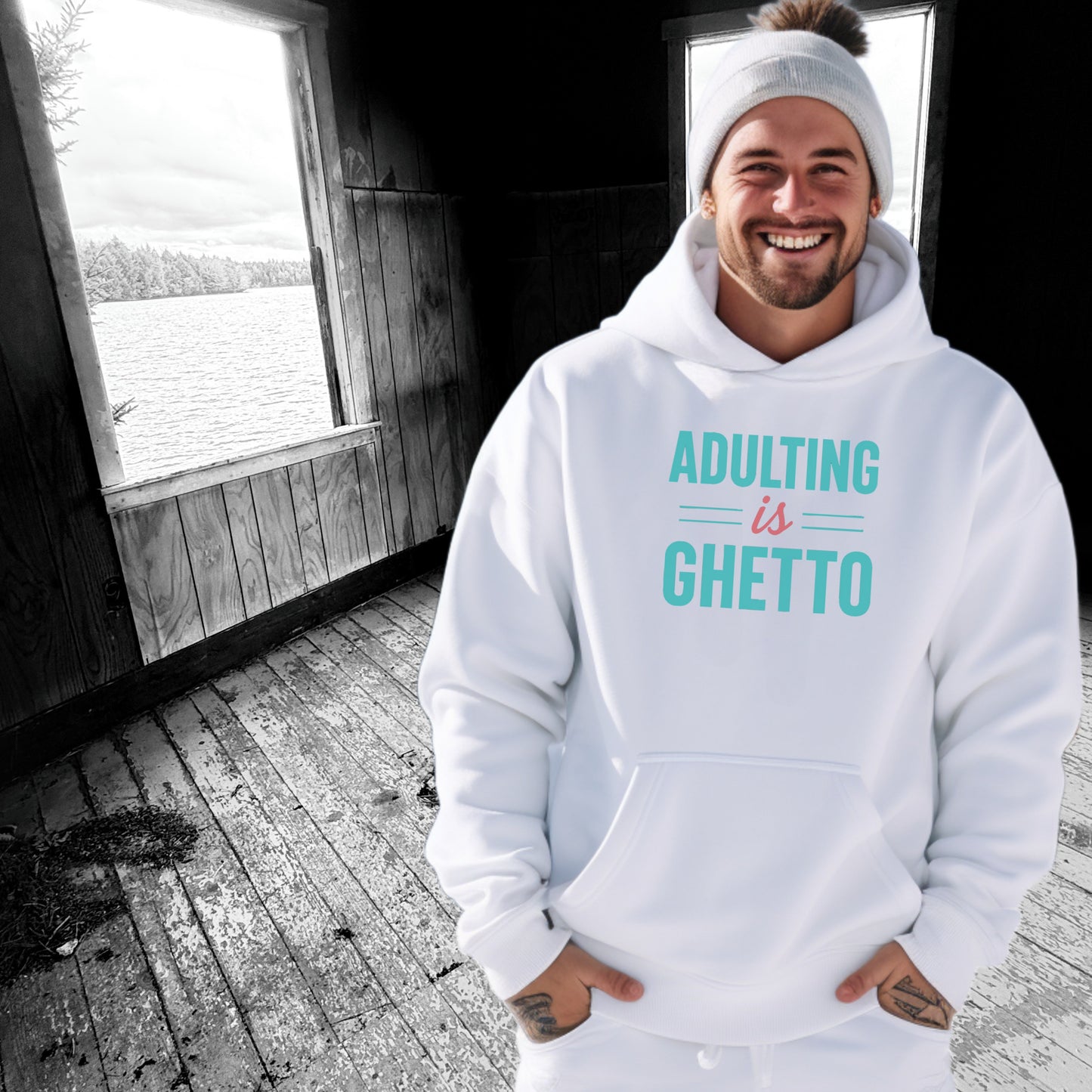 Adulting is Ghetto Printed White Hoodie