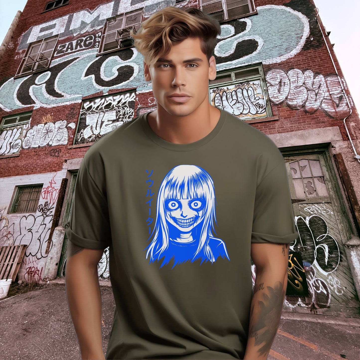 Scary Blue Face Graphic T-Shirt with Graffiti Backdrop