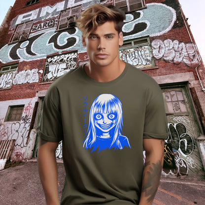 Scary Blue Face Graphic T-Shirt with Graffiti Backdrop