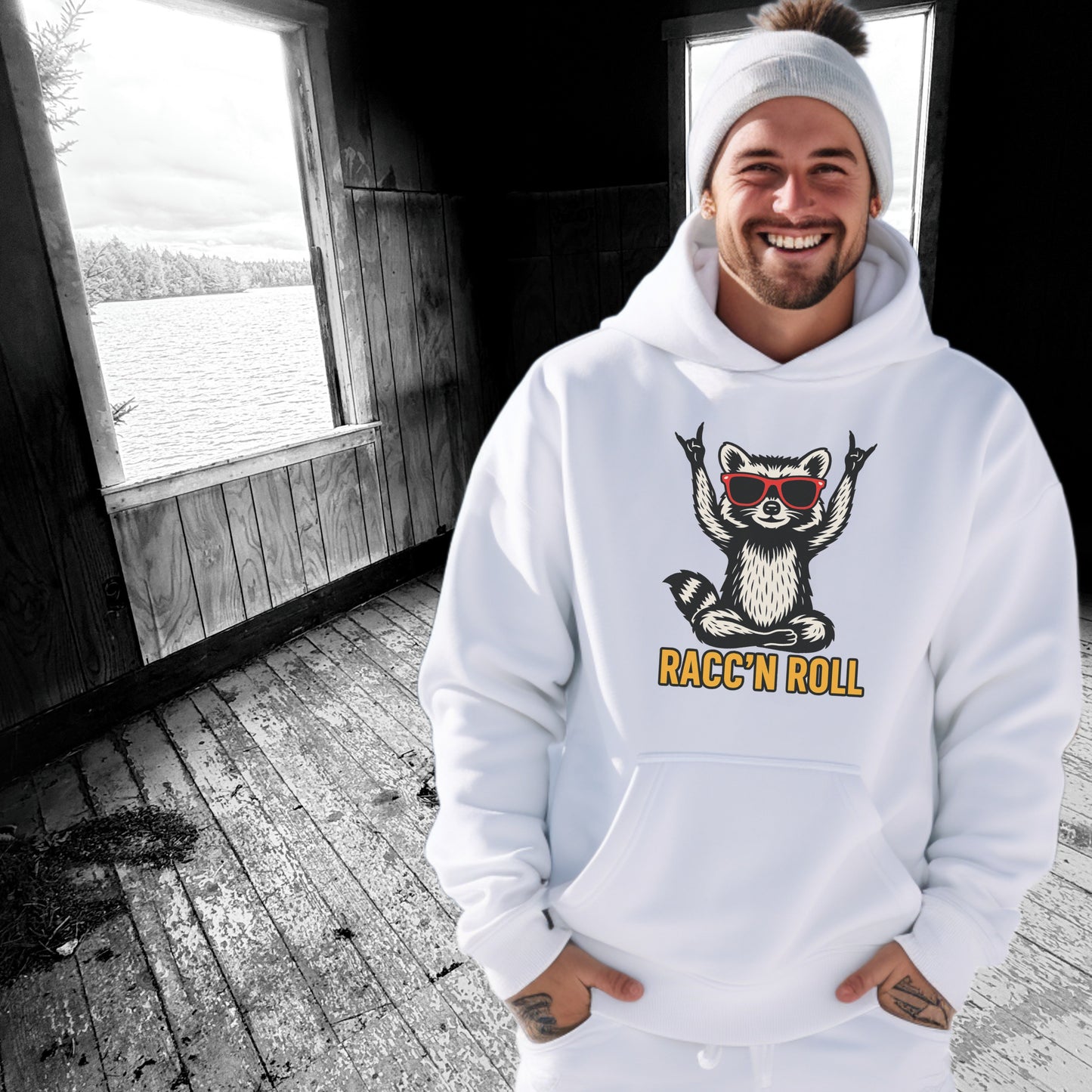 Racc'n Roll Fun Hoodie with Stylish Raccoon Print