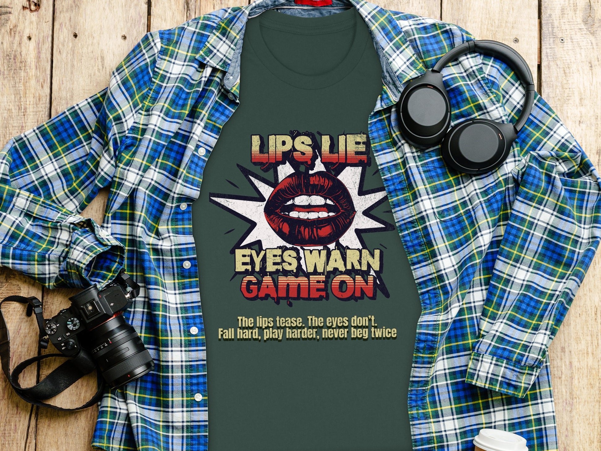 Lips Lie Eyes Warn Game On Graphic T-Shirt Product Type