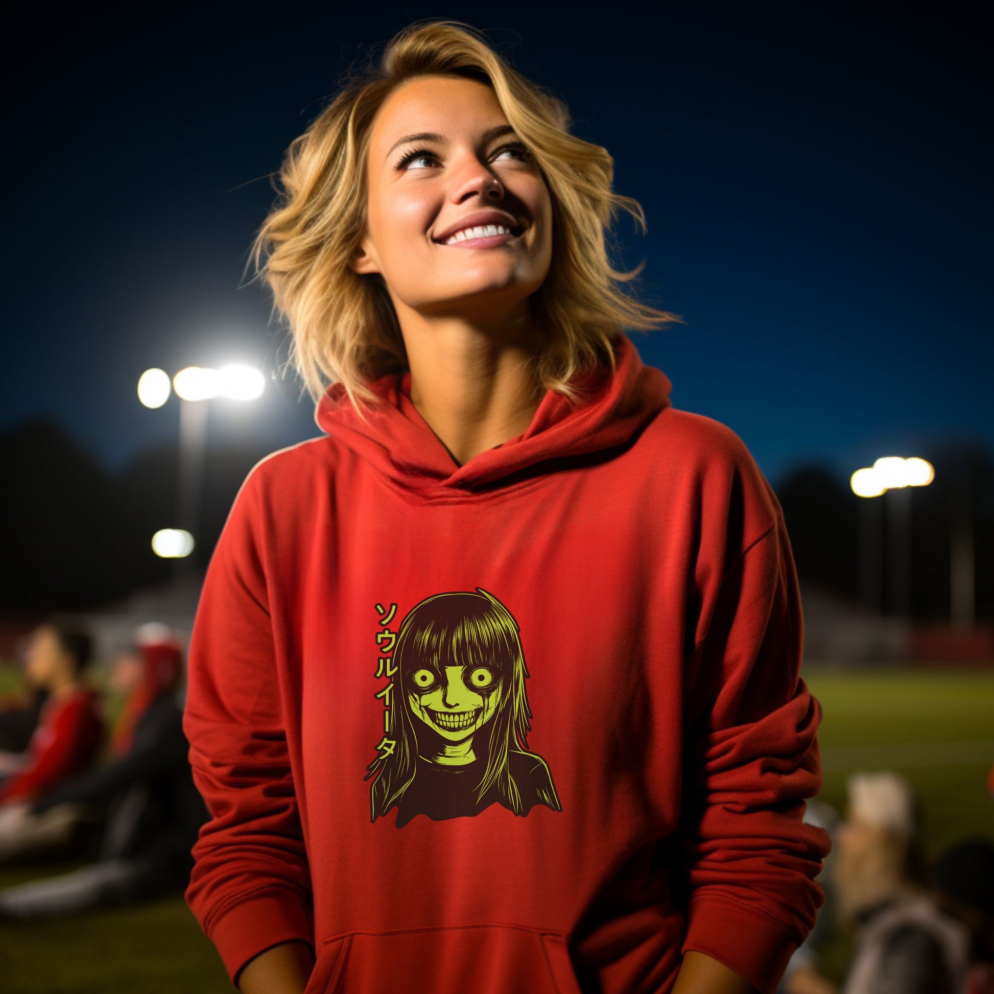 Spooky Smiling Face Illustration on Red Hoodie