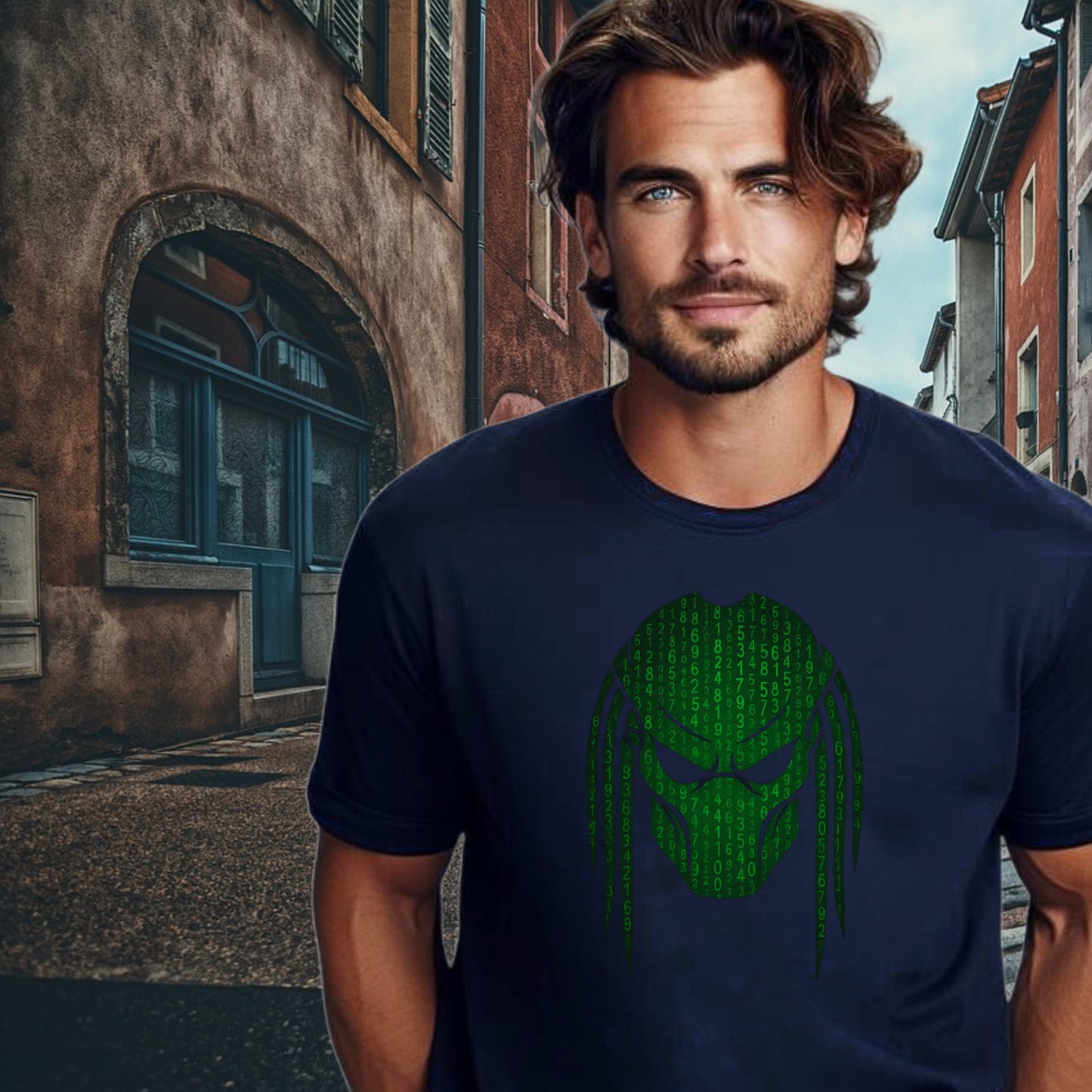 Green Code Face Graphic on Men's T-Shirt