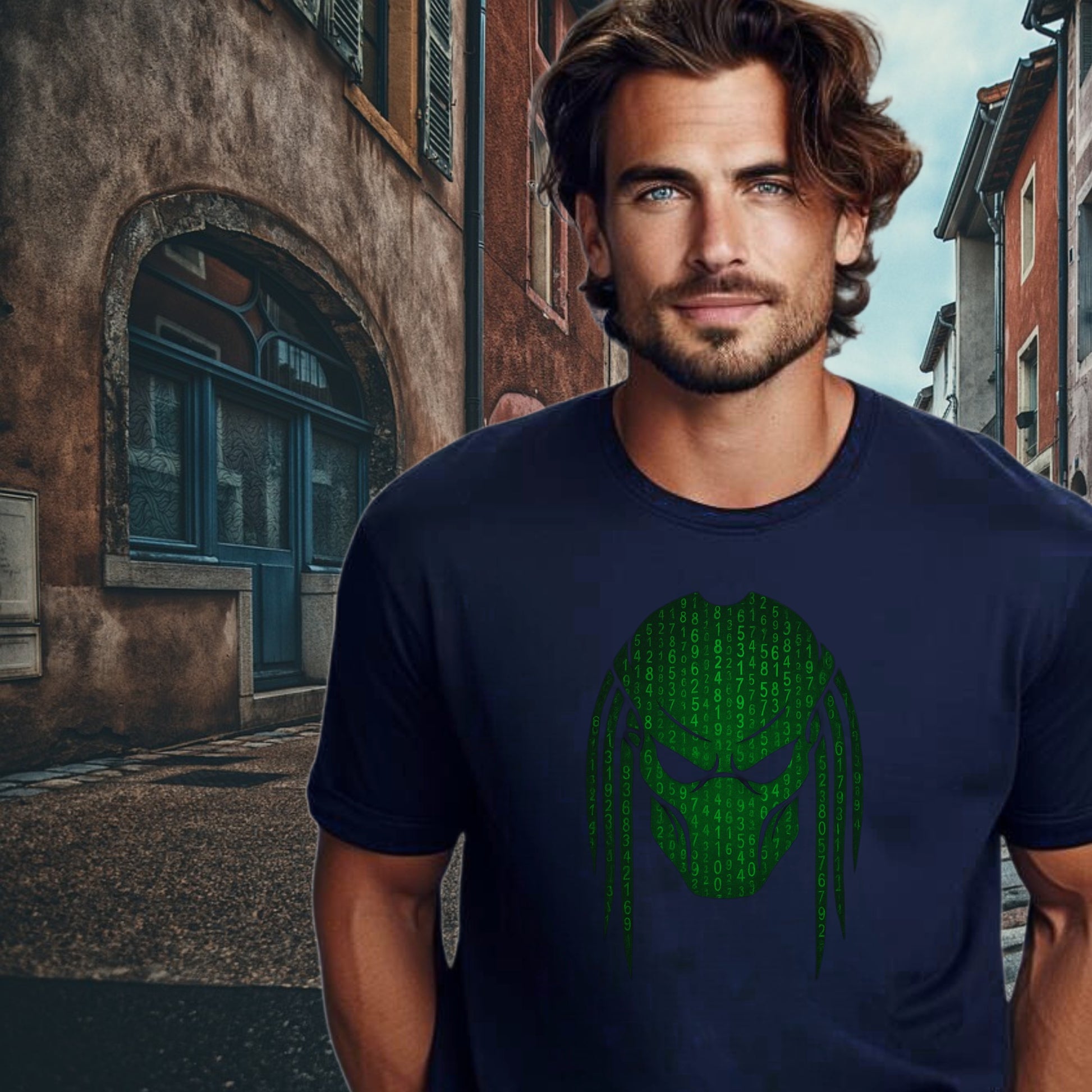 Green Code Face Graphic on Men's T-Shirt