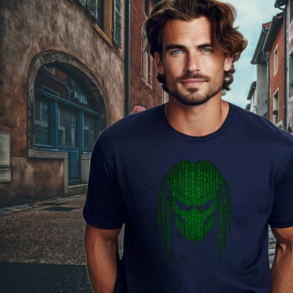 Green Code Face Graphic on Men's T-Shirt