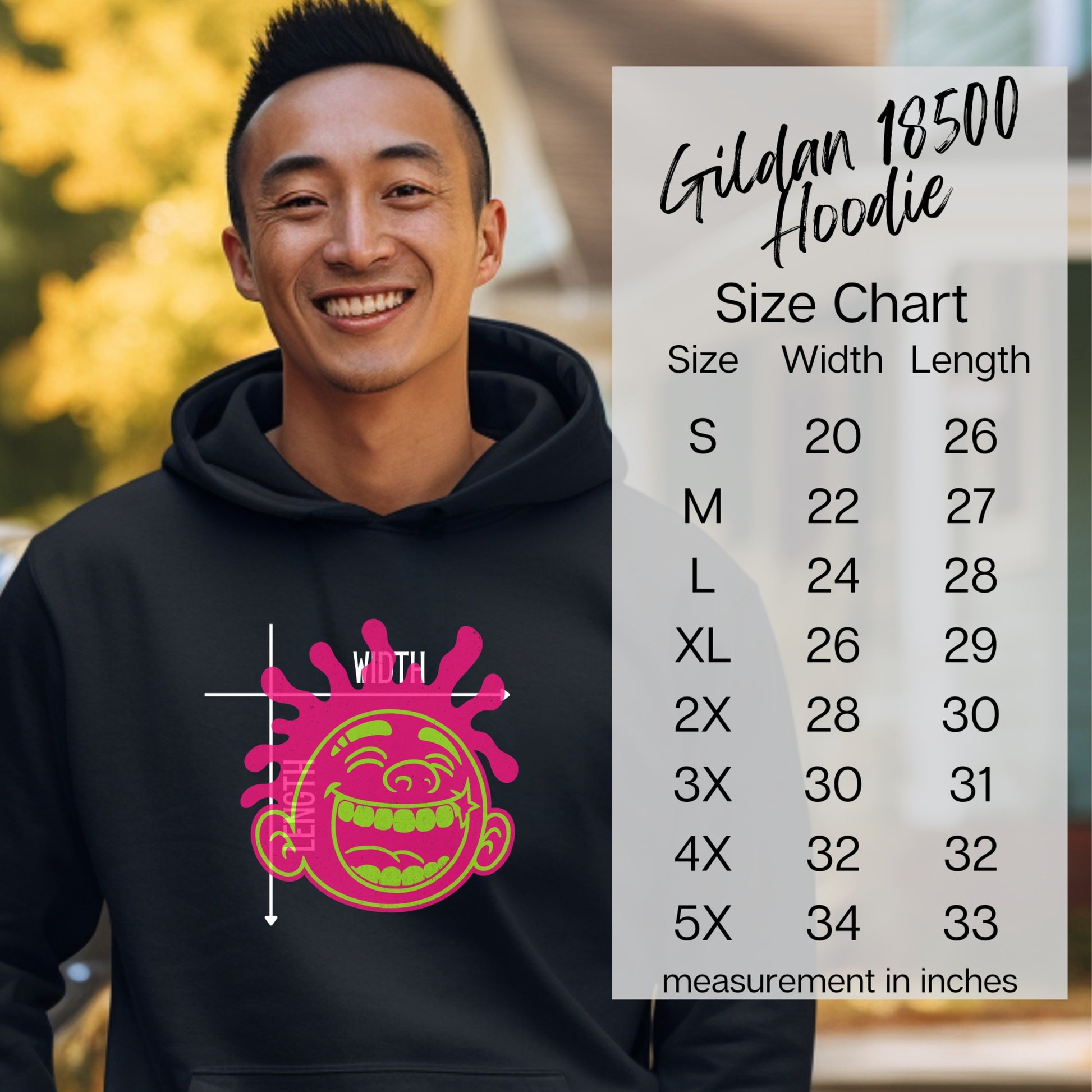 Smile Graphic Hoodie with Detailed Size Chart