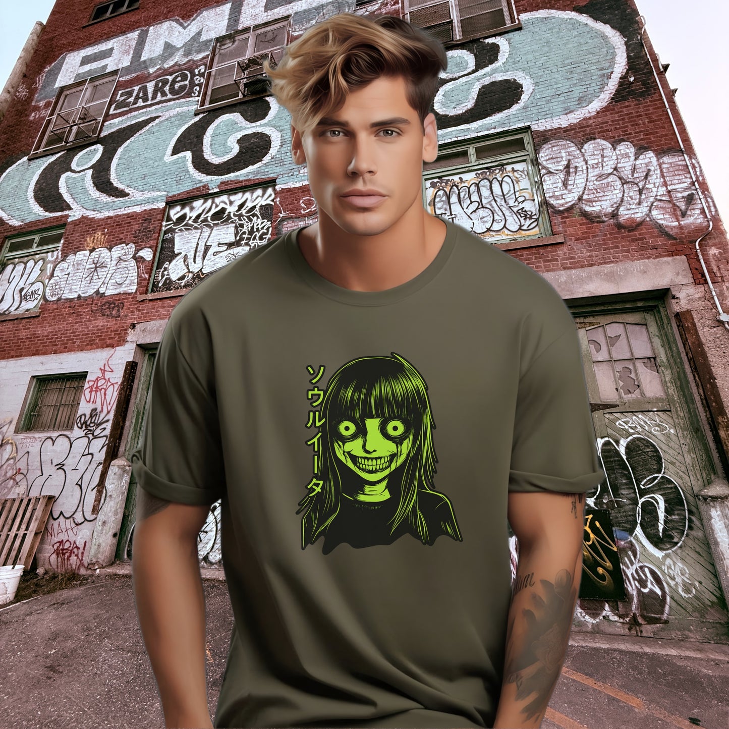 Creepy Grinning Anime Character T-Shirt for Men