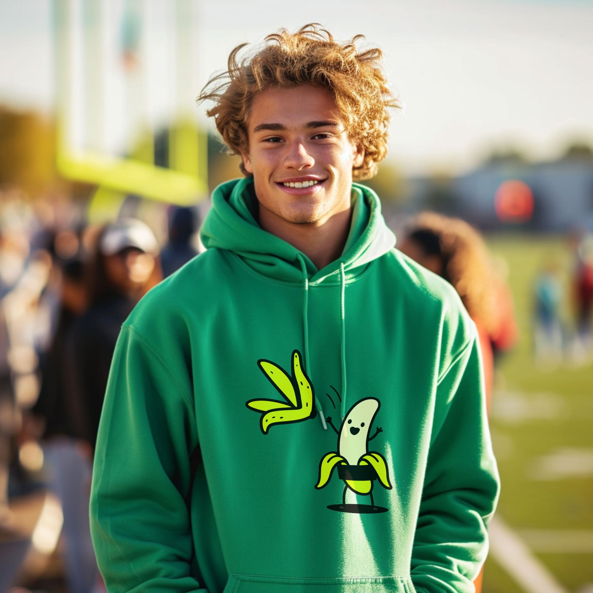 Vibrant Green Hoodie with Cartoon Banana Design