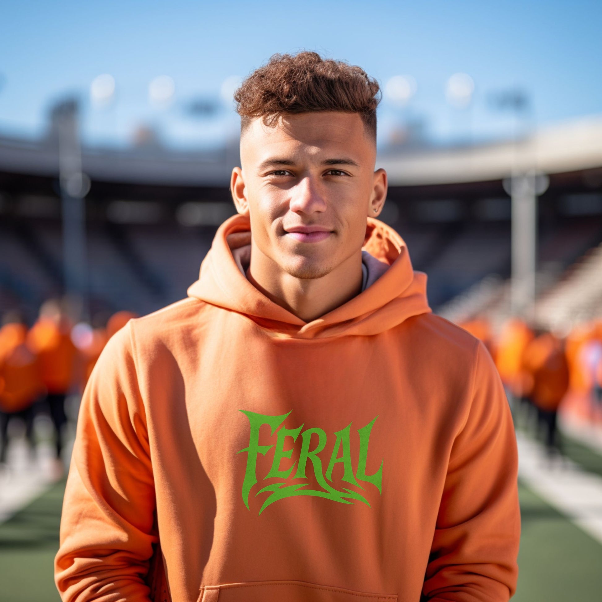 Bold Feral Design Green Print Orange Hoodie