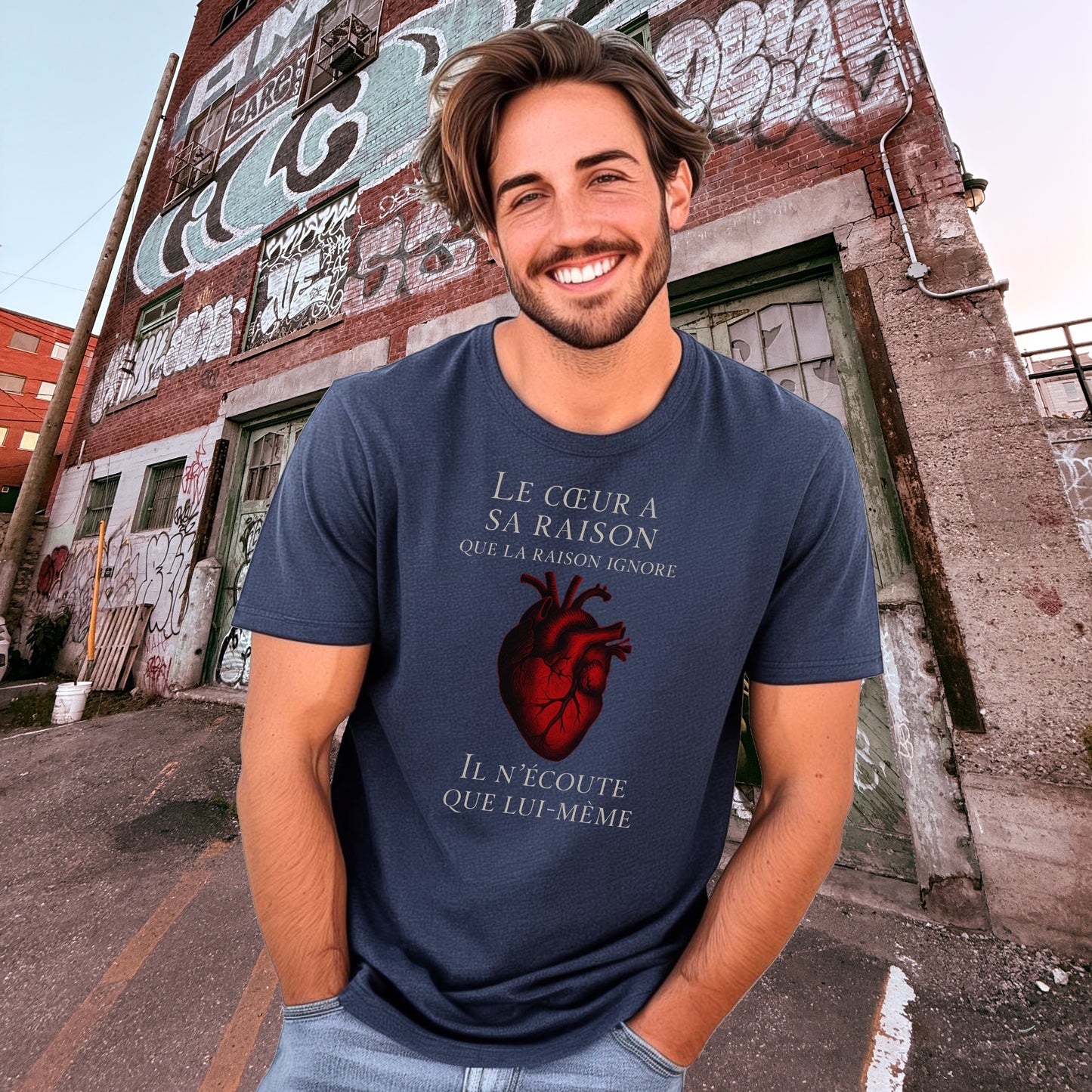 Graphic Tee with French Quote and Artistic Heart Design