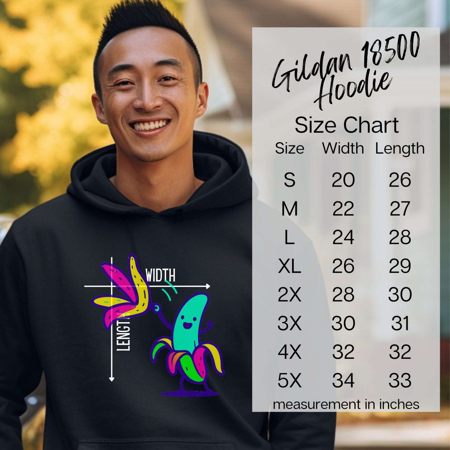 Vibrant Gildan 18500 Hoodie with Size Chart Display
