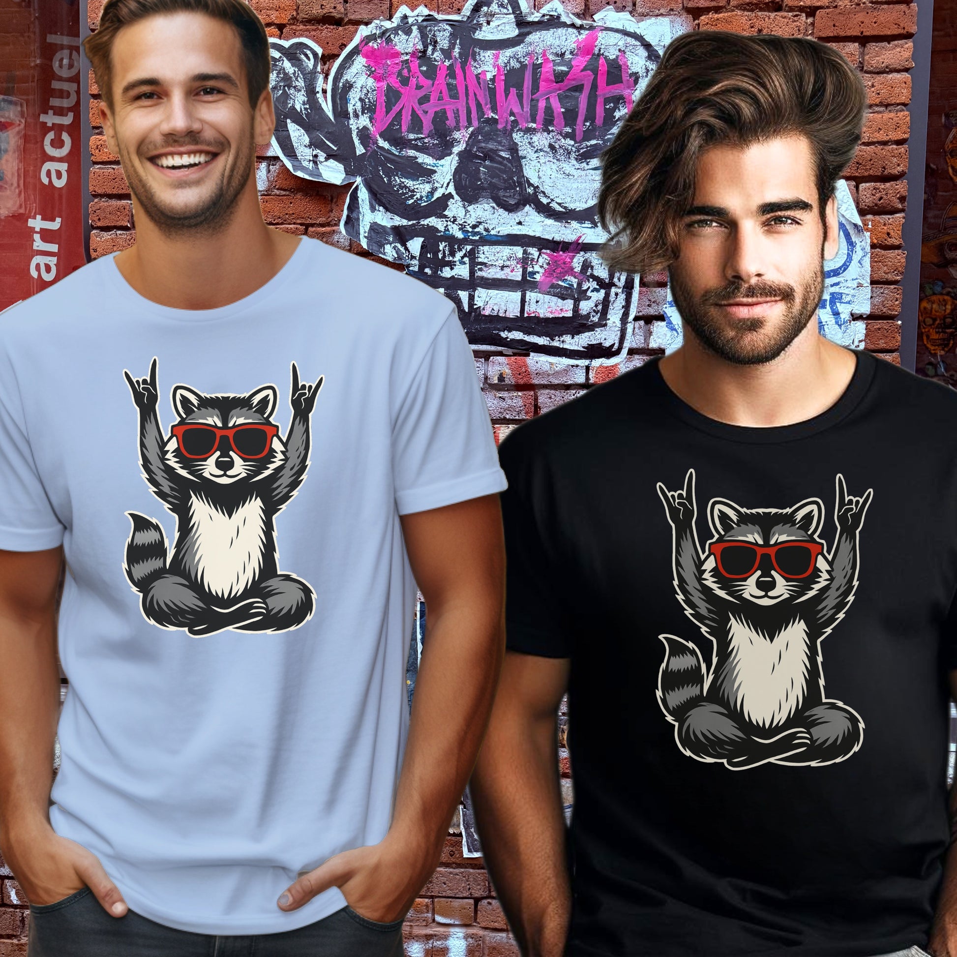 Raccoon with Sunglasses and Rock Hand Gesture Shirt