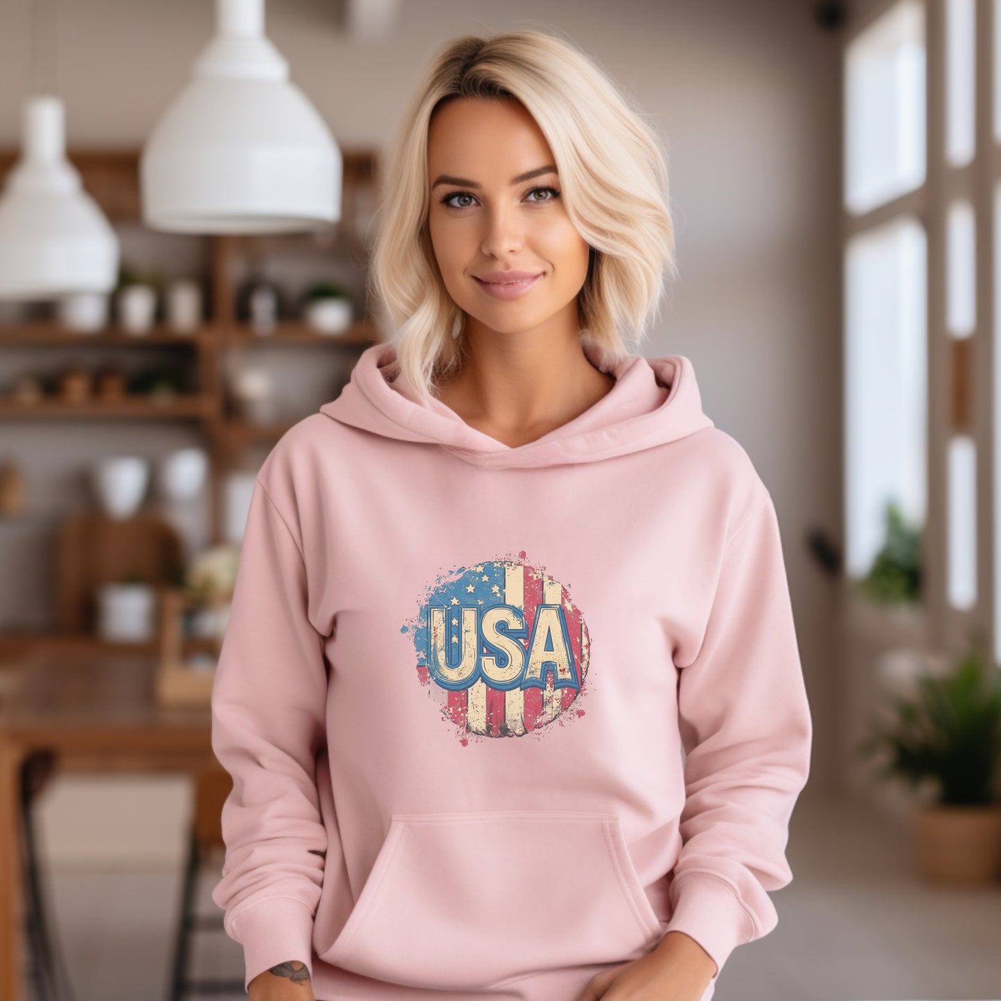 Stylish Pink Hoodie with USA Flag Print product