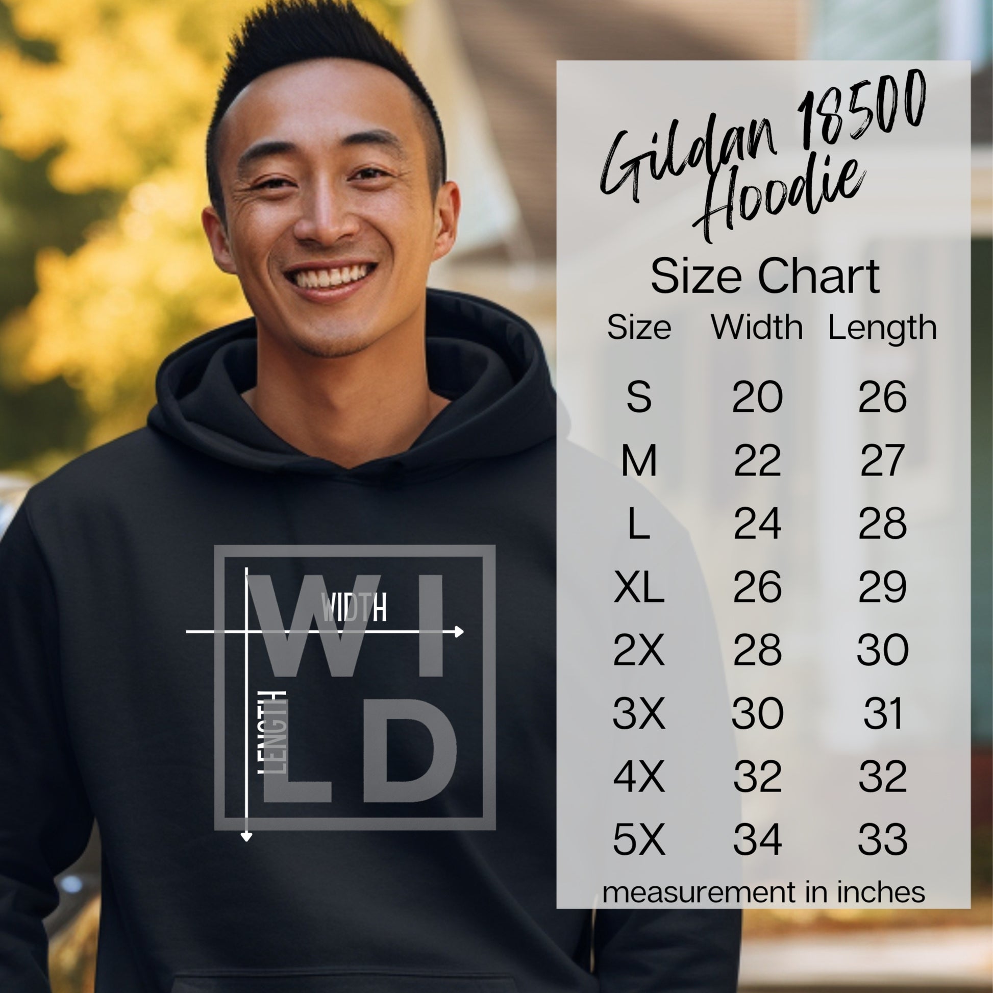 Gildan 18500 Hoodie Size Chart with Wild Graphic