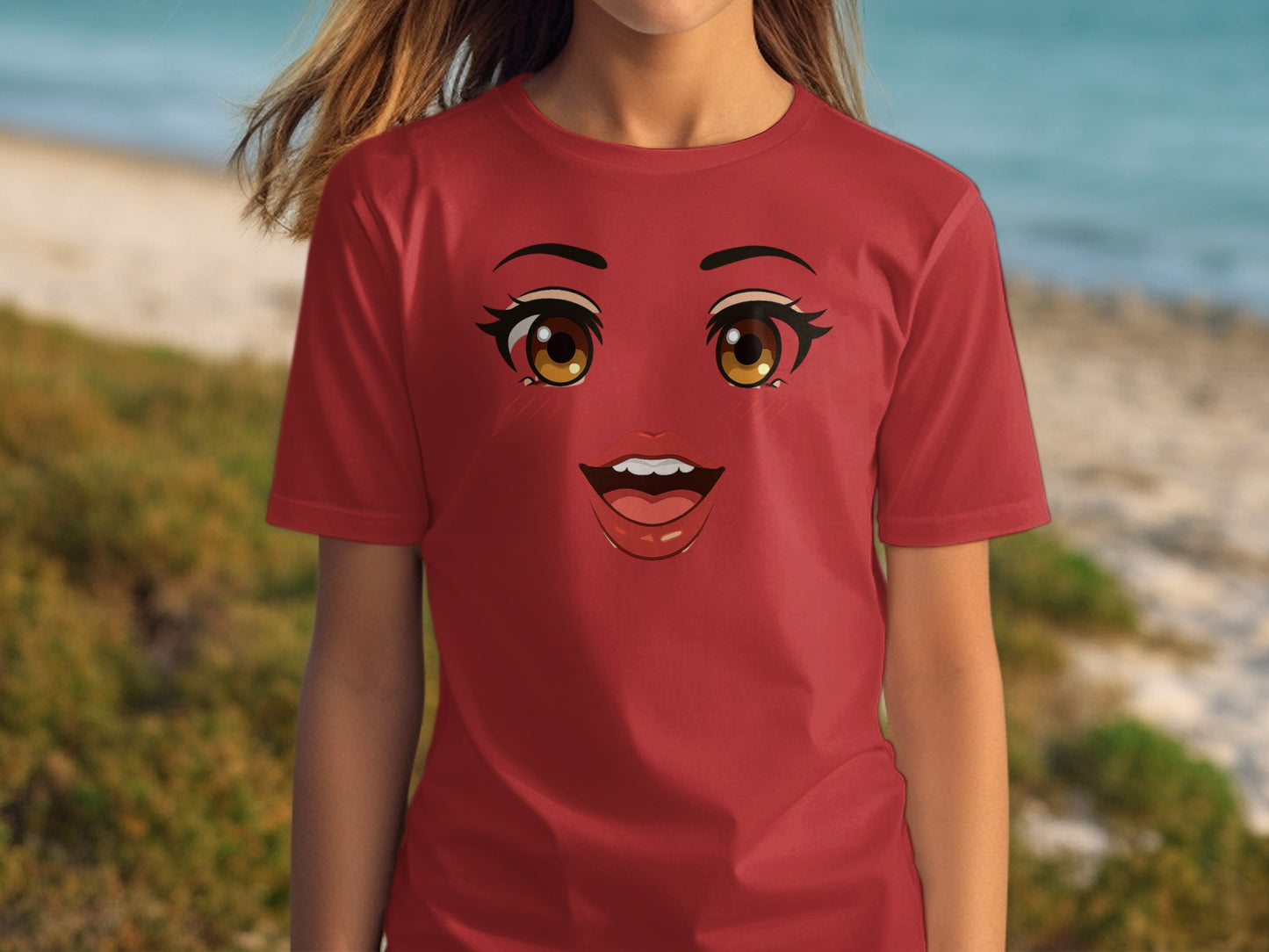 Red T-Shirt with Animated Smiling Face Design product type
