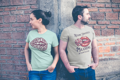 “KISSING UNIVERSITY MAJORING IN TEMPTATION.” Provocative Lips Graphic T-Shirt